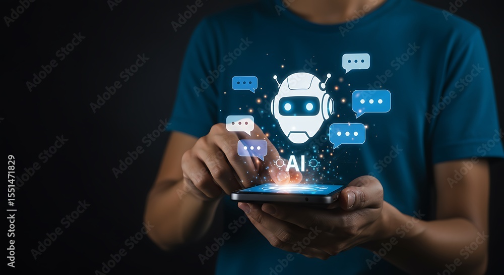 Poster user interacting with ai chatbot interface on a smartphone technology concept illustration