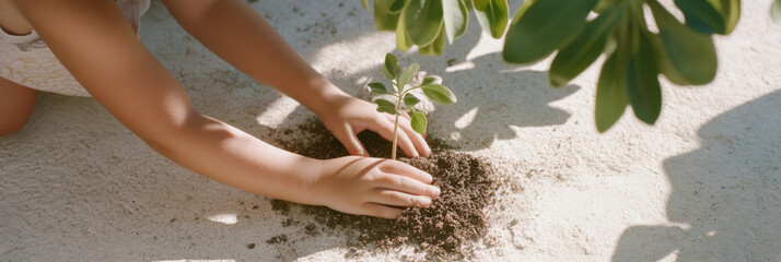 Child planting young sapling in rich soil, symbolizing growth and care