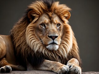 Fototapeta premium Majestic male lion with full mane resting on rocky ground close up portrait
