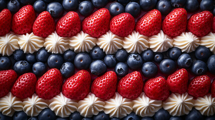 Striped berries background of blueberries, strawberries and whipped cream. 
