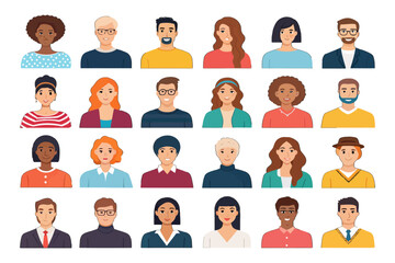 Diverse Faces: A colorful collection of diverse faces, showcasing a variety of hairstyles and expressions in a studio portrait format. 