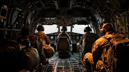 Military Personnel Cockpit Inside Helicopter with Flight Crew