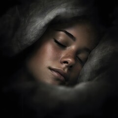 Fototapeta premium A peaceful face surrounded by soft bedding in a dim room