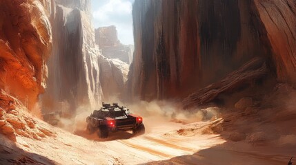 Futuristic Vehicle Navigating Rugged Canyon Landscape with Dust