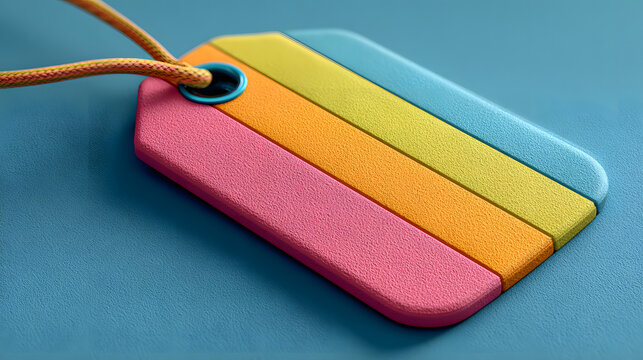 Colorful layered tag with rope on blue background label
