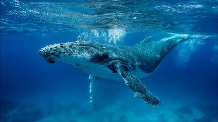 Fototapeta premium Humpback whale playfully swimming underwater in clear blue ocean with bubble trail. Giant marine mammal gliding peacefully in tropical sea, symbol of freedom, nature, adventure, wildlife, ocean life