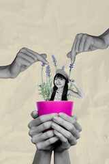 Poster image vertical photo collage of happy girl guy stand coffee cup drink herbal tea beverage...