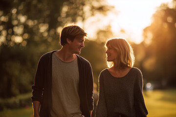 Fototapeta premium Tender young couple walking hand in hand through park at sunset sharing warm look