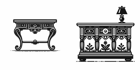 Console Table. Furniture Interior Decoration Cartoon Animal Clipart Line Art Vector Illustration. Narrow entryway item hallway accent desk home decor fixture.