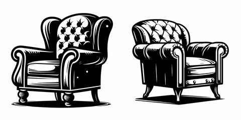 Club Chair. Furniture Interior Decoration Cartoon Animal Clipart Line Art Vector Illustration. Comfy lounge seat living room furniture home relaxation armchair den design.