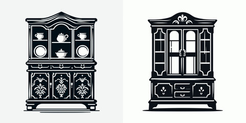 China Cabinet. Furniture Interior Decoration Cartoon Animal Clipart Line Art Vector Illustration. Display case home for dishes glassware and dining room item storage.
