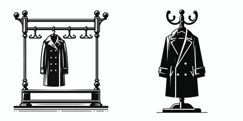 Coat Rack. Furniture Interior Decoration Cartoon Animal Clipart Line Art Vector Illustration. Entryway apparel holder hall tree stand garment organizer foyer jacket support.