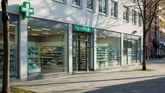 Modern pharmacy building exterior with glass windows, urban city street, healthcare retail store, visible interior shelving and product display 