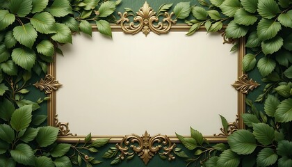 Fototapeta premium Ornate Golden Frame with Lush Green Leaves Border and Empty Space