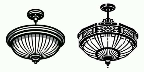 Ceiling Light. Furniture Interior Decoration Cartoon Animal Clipart Line Art Vector Illustration. Overhead illumination fixture room glow device for home and office decor.