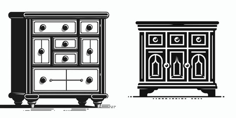 Cabinet. Furniture Interior Decoration Cartoon Animal Clipart Line Art Vector Illustration. Storage unit for home work a chamber items display.