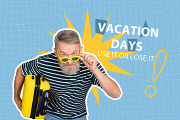 Trendy poster art photo collage of happy old man wear sunglass run summer vacation day use it or...