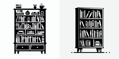 Bookshelf. Furniture Interior Decoration Cartoon Animal Clipart Line Art Vector Illustration. Display unit for reading material a home fixture paper item storage.