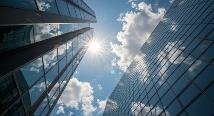 Skyward Gaze Modern buildings reach for sun in blue sky.