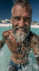 A handsome man in his 50s, slightly muscular, with a short salt and pepper beard, shaved head, bright blue eyes, and tattoos on his arms