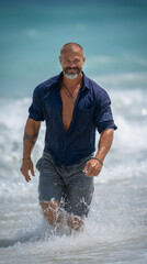 A handsome man in his 50s, slightly muscular, with a short salt and pepper beard, shaved head, bright blue eyes, and tattoos on his arms