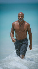 A handsome man in his 50s, slightly muscular, with a short salt and pepper beard, shaved head, bright blue eyes, and tattoos on his arms