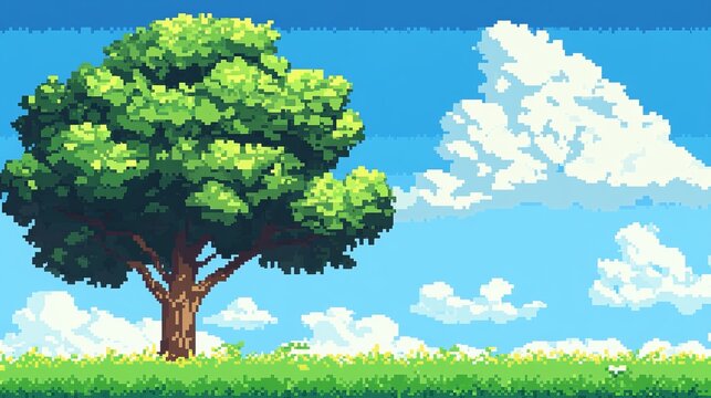 Pixel art depicting a lush green tree under a vibrant blue sky with fluffy white clouds and a grassy field