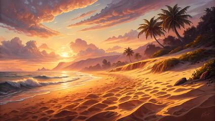 Tropical beach sunset wallpaper hd background with palm trees and ocean waves scenic landscape view