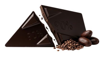 High-cacao 90% dark chocolate pieces with raw cocoa beans and nibs, ideal for healthy eating promotions, gourmet confectionery advertisements, Valentine's Day, Easter, or holiday recipe designs,