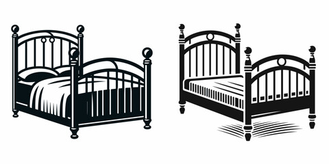 Bed Frame. Furniture Interior Decoration Cartoon Animal Clipart Line Art Vector Illustration. Foundation for sleeping support mattress bedroom fixture.