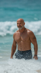 A handsome man in his 50s, slightly muscular, with a short salt and pepper beard, shaved head, bright blue eyes, and tattoos on his arms