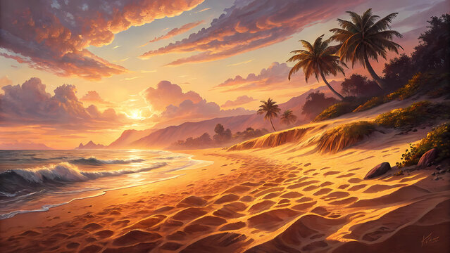 Tropical beach sunset wallpaper hd background with palm trees and ocean waves scenic landscape view