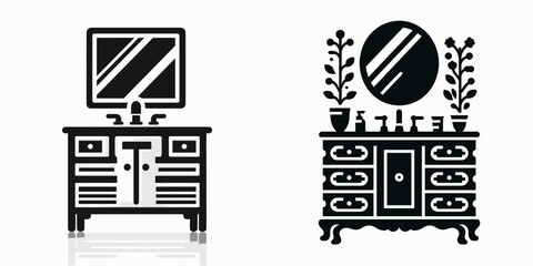 Bathroom Vanity. Furniture Interior Decoration Cartoon Animal Clipart Line Art Vector Illustration. Bath cabinet fixture for home restroom furniture lavatory design.