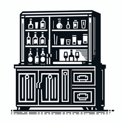 Bar Cabinet. Furniture Interior Decoration Cartoon Animal Clipart Line Art Vector Illustration. Home drink station liquor storage furniture household beverage center unit.