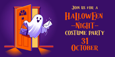 Halloween ghost by the door. Happy Halloween party greeting card with cute ghost. Ghost outside door. Spooky banner template. Halloween Promotion Poster. Halloween night seen. Ghost envelope character