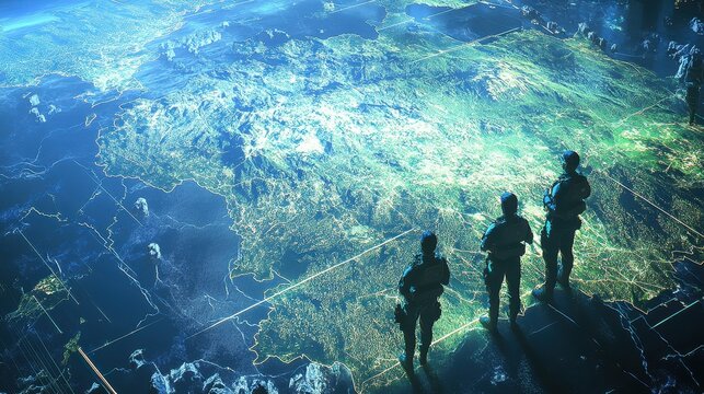 Futuristic Soldiers Overlooking Digital Map of Earth Landscape