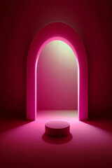 Pink Minimalist Archway Product Display:  Modern, Elegant, and Moody Studio Backdrop with Cylindrical Pedestal.