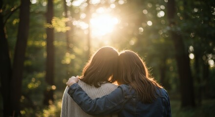 Golden Hour Embrace Two friends sharing a moment in the sunlit woods.
