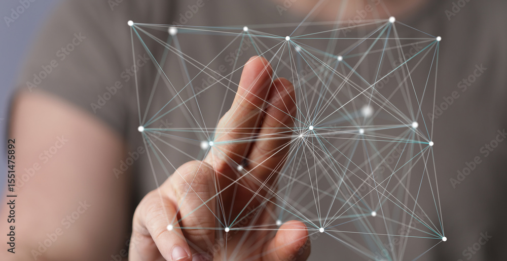 Poster Abstract image of a hand interacting with a digital network.  Perfect for tech, connection, and innovation concepts.