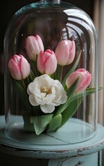 Elegant floral arrangement of pink and white tulips under glass cloche on a decorative vintage table