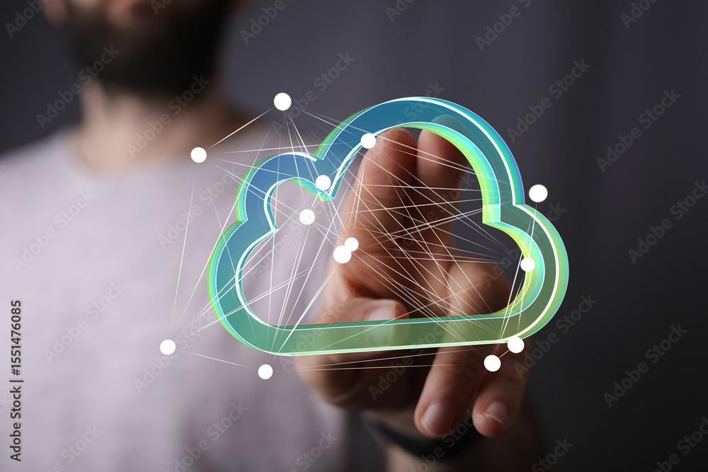 Aufkleber high-quality image depicting a hand interacting with a digital cloud network. ideal for technology, 