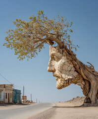 A tree in the desert and a road. The branches and leaves of the tree are forming the face of Jesus