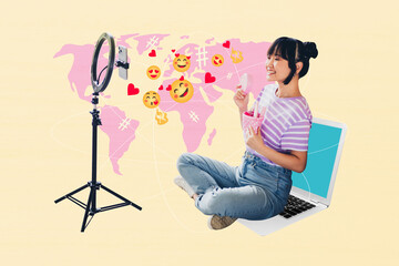Sketch template design 3D collage composite of young lady sit laptop smile broadcasting application...