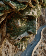 A tree in the desert and a road. The branches and leaves of the tree are forming the face of Jesus