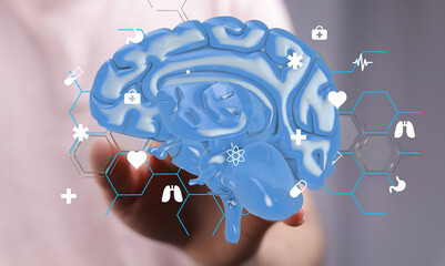 3D brain model with medical icons.  Healthcare, technology, neuroscience.