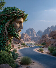 A tree in the desert and a road. The branches and leaves of the tree are forming the face of Jesus