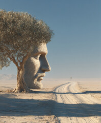 A tree in the desert and a road. The branches and leaves of the tree are forming the face of Jesus