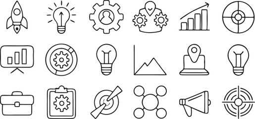 Startup and Innovation Icon Set Editable Black Outline Style with Lightbulbs and Rocket Symbols