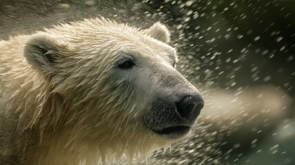 A polar bear splashes water while emerging from a swim, enjoying a warm day in its habitat.
