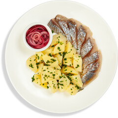 A white plate beautifully topped with potatoes, meat, and sauce